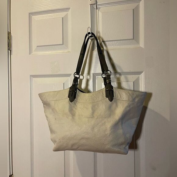 COACH  CARLY Leather off White gray straps# 16174 Tote bag silver tone hardwares - Picture 1 of 16